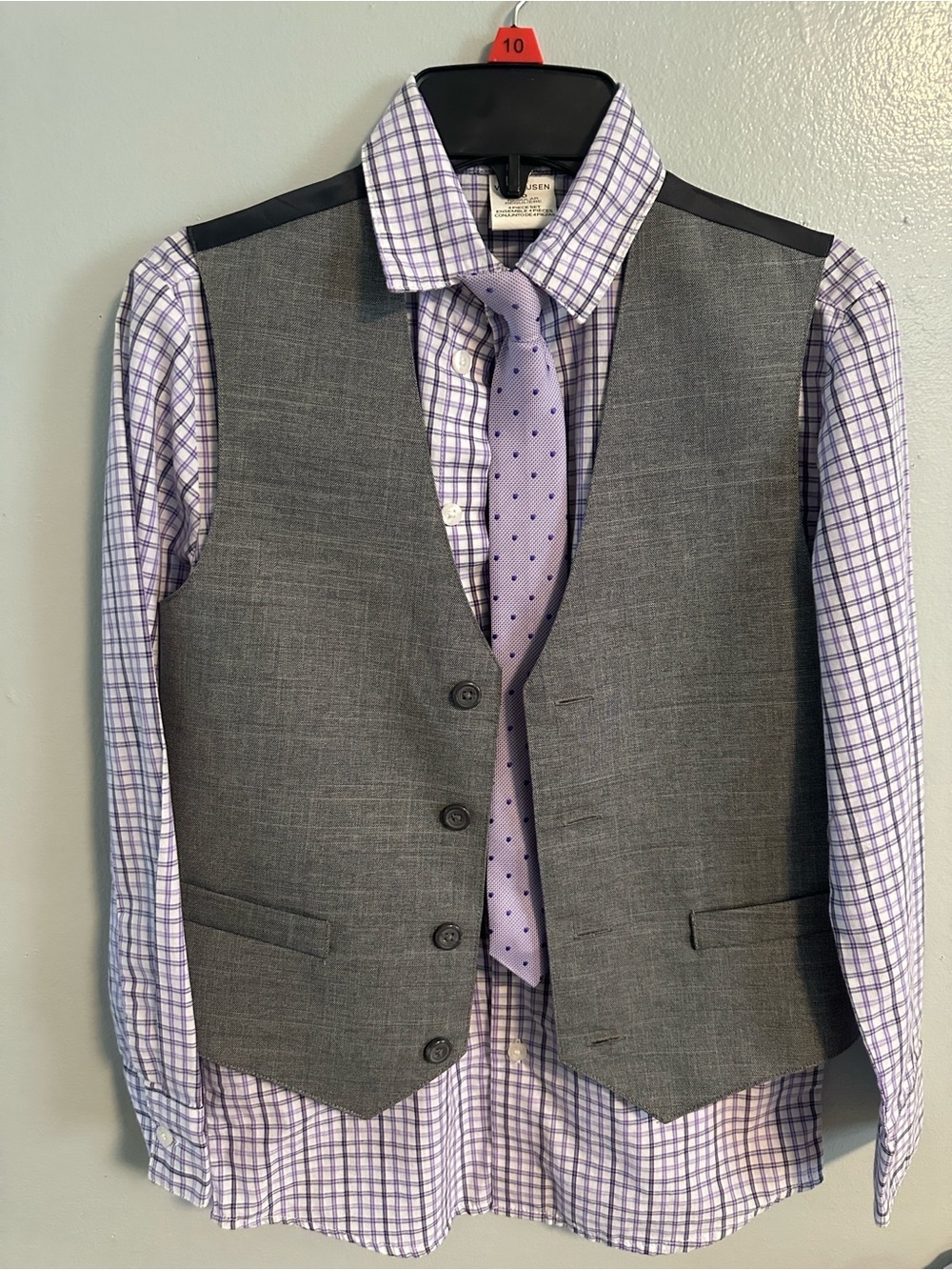 Van Heusen Gray Vest with Lavender Check Shirt and Lilac Tie Size 10